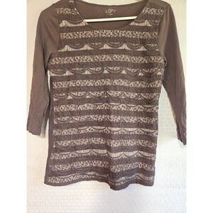 Ann Taylor Loft Women's XS Lace Brown Stripe 3/4 Sleeve Blouse Boho Lightweight‎